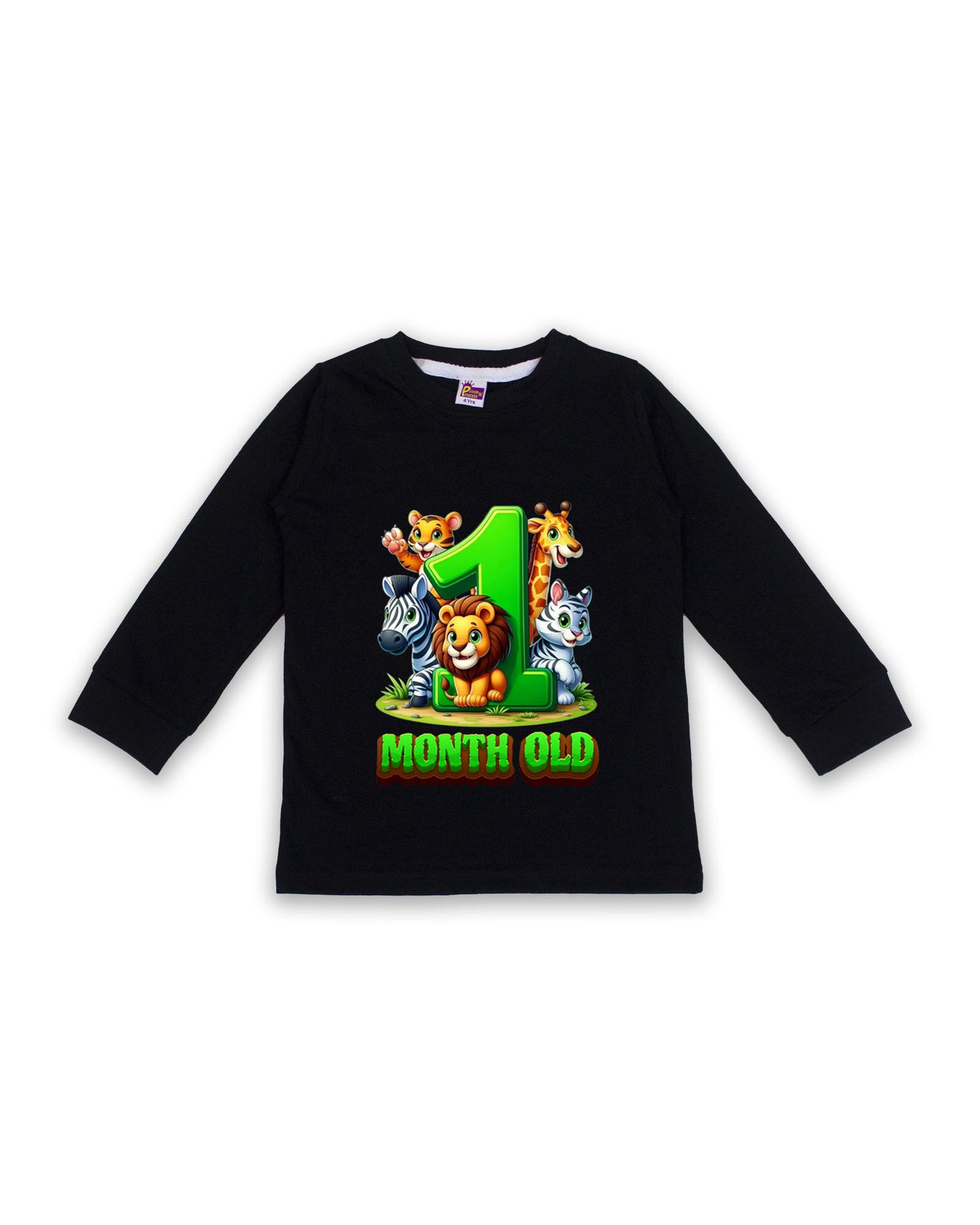 Newborn Black Full Sleeve "1 Month Old" Birthday Tees – Soft Cotton | Jungle Animal Print | Milestone Outfit NPT010