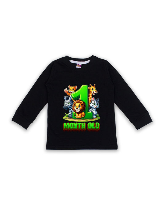 Newborn Black Full Sleeve "1 Month Old" Birthday Tees – Soft Cotton | Jungle Animal Print | Milestone Outfit NPT010