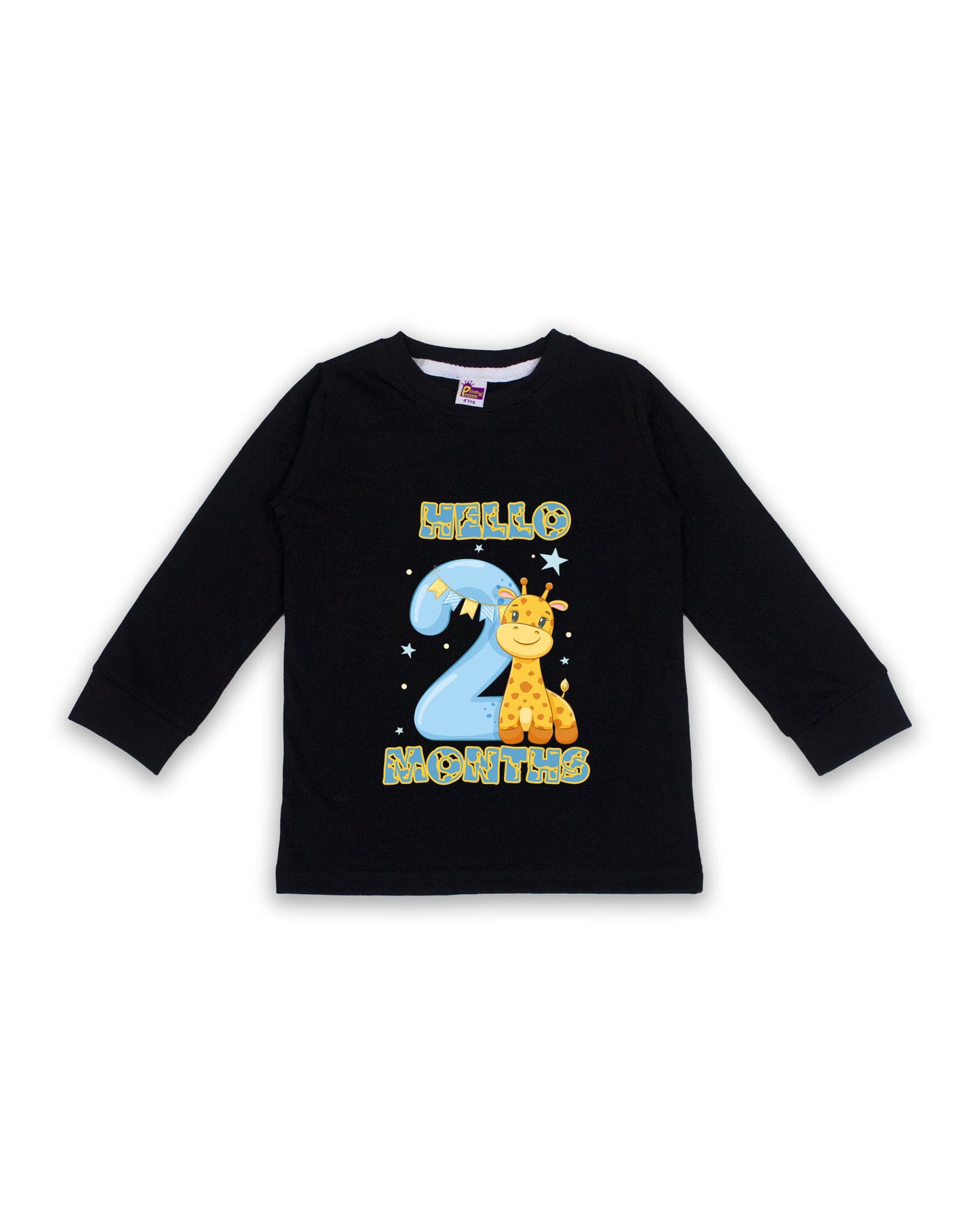 Newborn Black Full Sleeve "Hello 2 Months" Milestone Tees – Soft Cotton | Cute Giraffe Design | Milestone Outfit NPT012