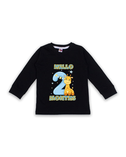 Newborn Black Full Sleeve "Hello 2 Months" Milestone Tees – Soft Cotton | Cute Giraffe Design | Milestone Outfit NPT012