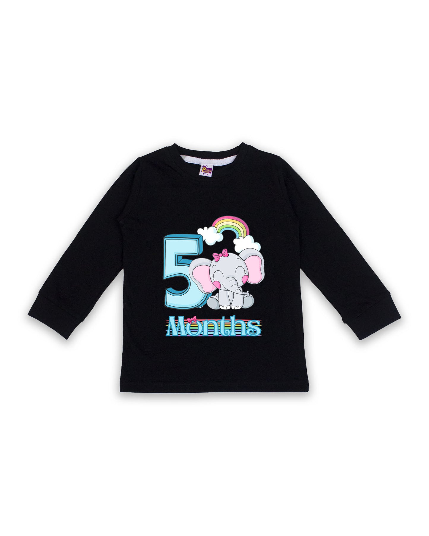 Newborn Full-Sleeve Black Tess - 5 Months Milestone Tees with Adorable Elephant & Rainbow Design - Soft Cotton Baby Tees NPT0225