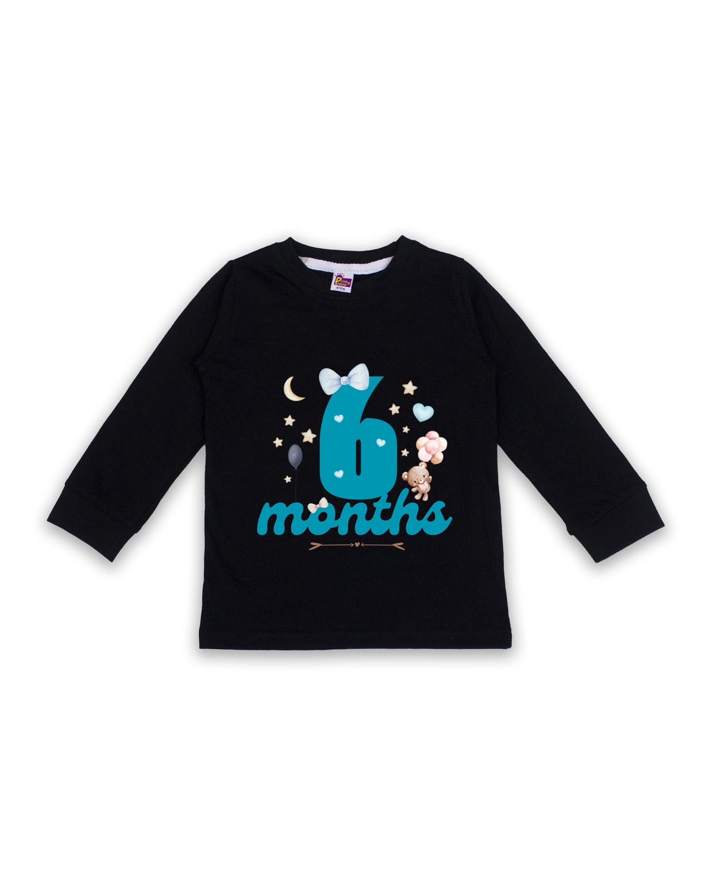 Newborn Full-Sleeve Black Tees - 6 Months Milestone Tees with Teddy Bear & Balloon Design - Soft Cotton Baby NPT0235
