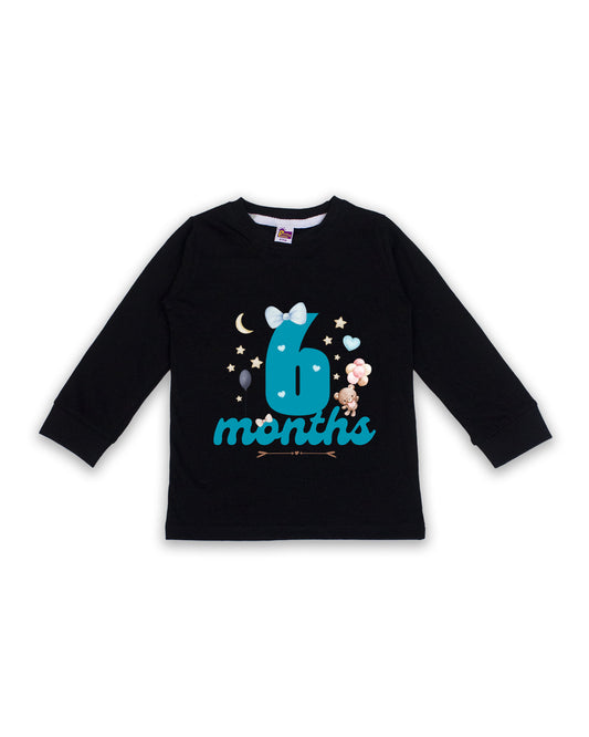 Newborn Full-Sleeve Black Tees - 6 Months Milestone Tees with Teddy Bear & Balloon Design - Soft Cotton Baby NPT0235