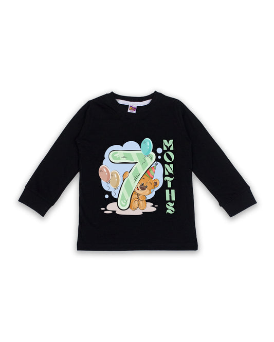 Newborn Full-Sleeve Black Tees - 7 Months Milestone Tees with Party Bear & Balloons Design - Soft Cotton Baby Tees NPT0246