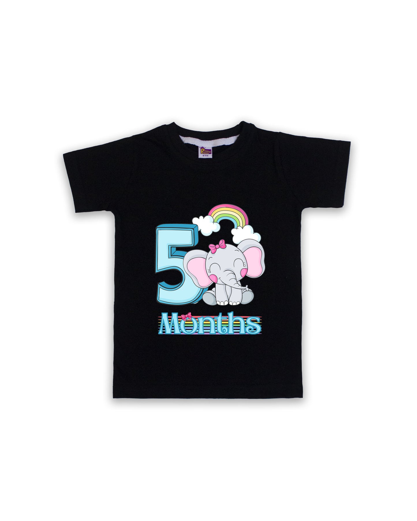 Newborn Half-Sleeve Black Tees - 5 Months Milestone Tees with Adorable Elephant & Rainbow Design - Soft Cotton Baby tees NPT0161