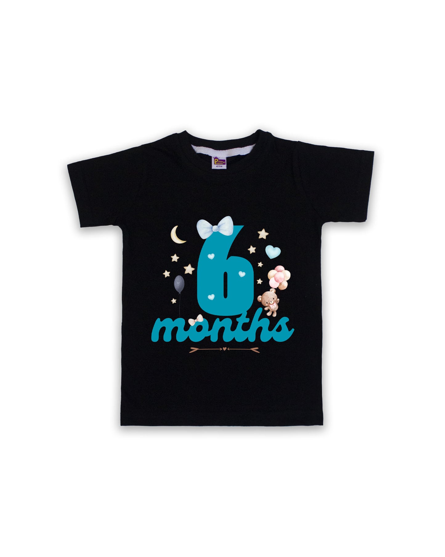 Newborn Half-Sleeve Black Tees - 6 Months Milestone Tees with Teddy Bear & Balloon Design - Soft Cotton Baby Tees NPT0171