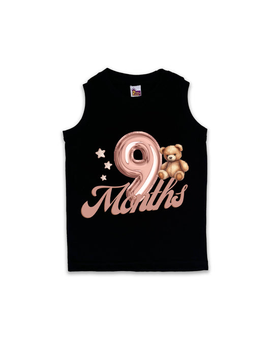 Newborn Sleeveless Black vest - 9 Months Milestone vest with Teddy Bear & Balloon Number Design - Soft Cotton Baby Vest NPT141
