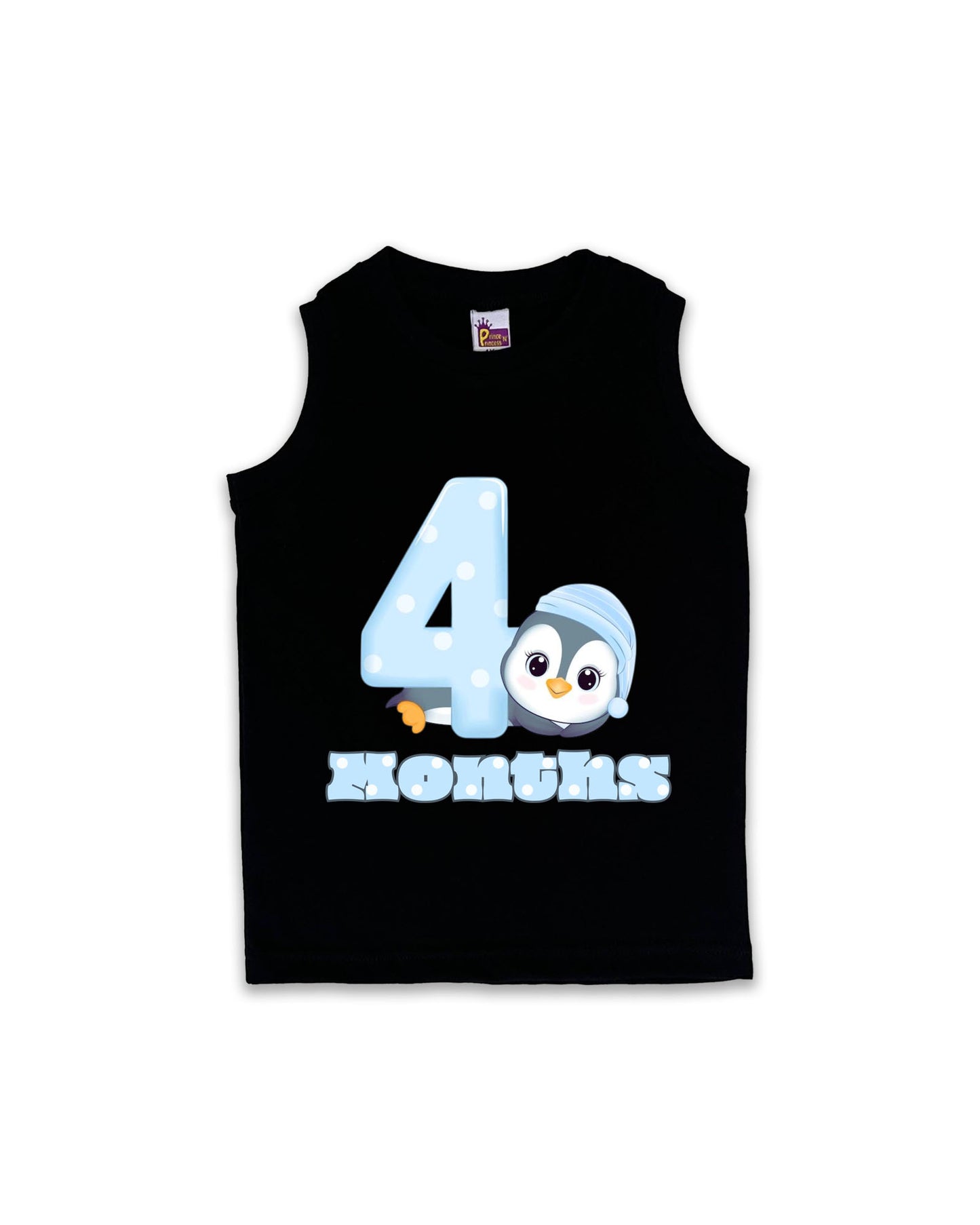 Newborn Sleeveless Black Vest - 4 Months Milestone Tee with Cute Penguin Design - Soft Cotton Baby Vest NPT108