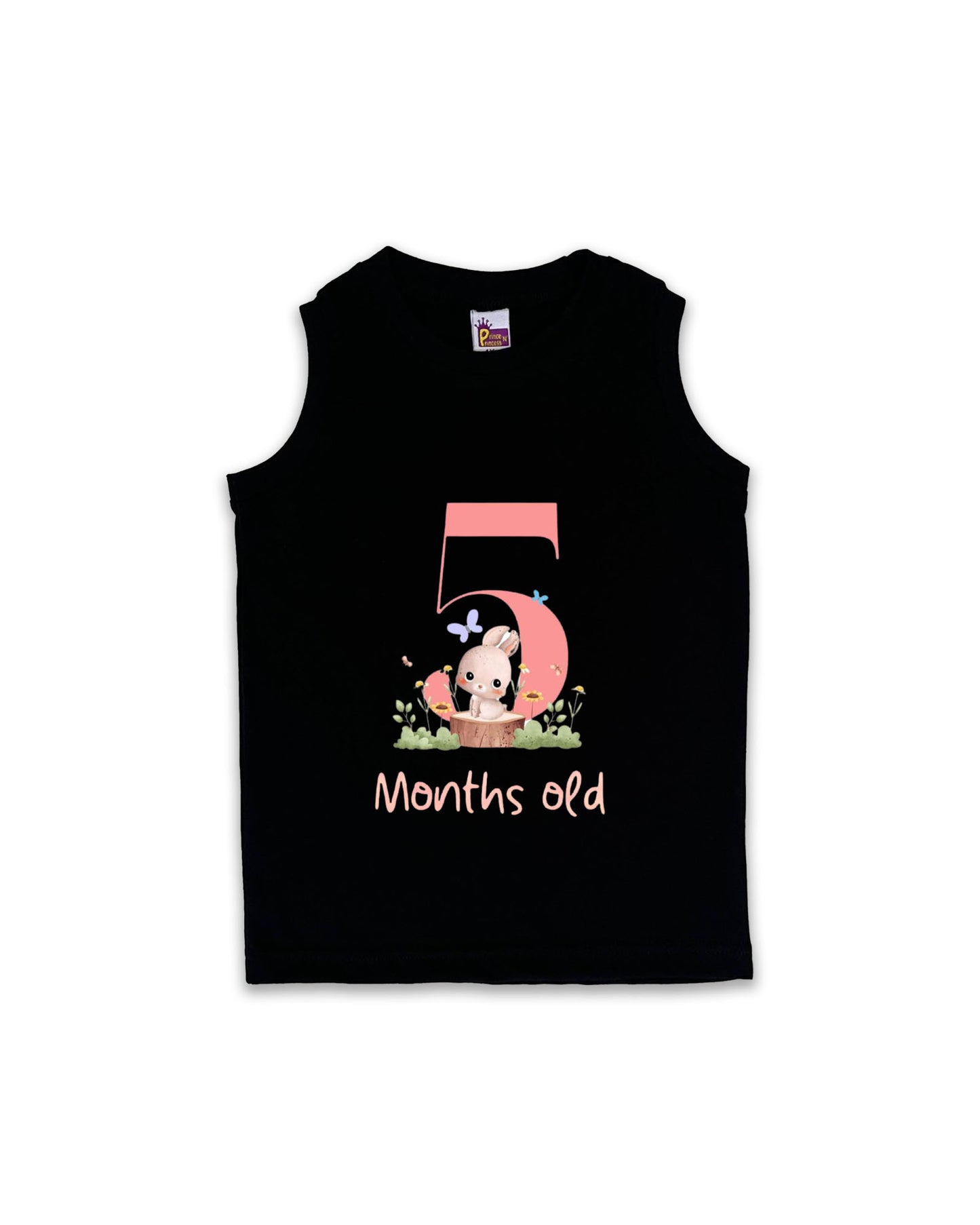 Baby Sleeveless Black Vest - 5 Months Old Milestone vest with Adorable Bunny Design - Soft Cotton Baby Vest NPT116
