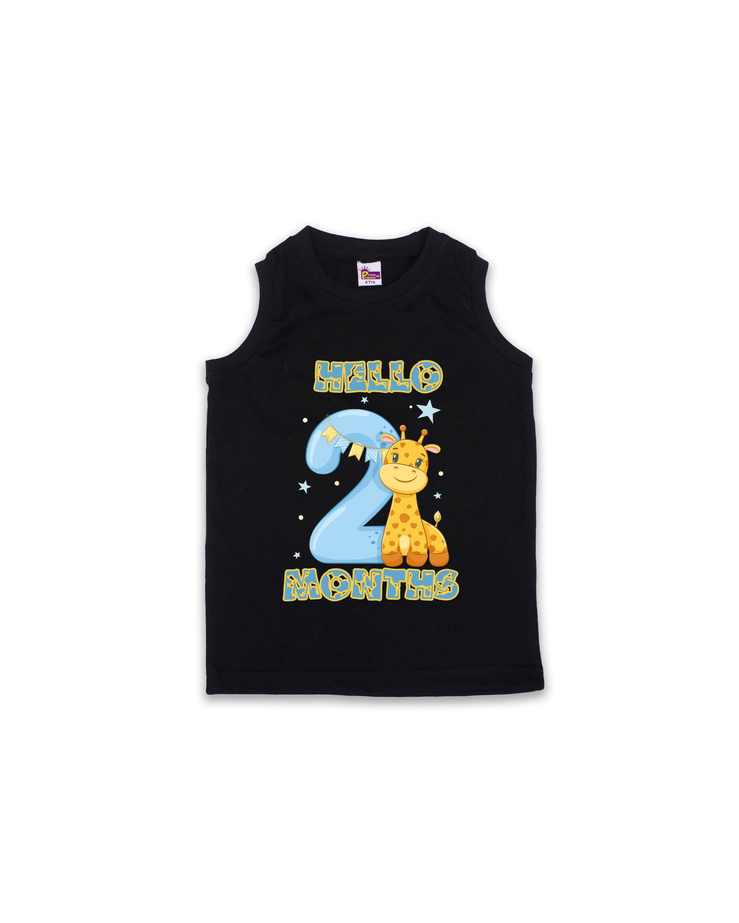 Newborn Black Sleeveless Vest "Hello 2 Months" – Soft Cotton | Giraffe Print Milestone Vest for Babies | NPT080