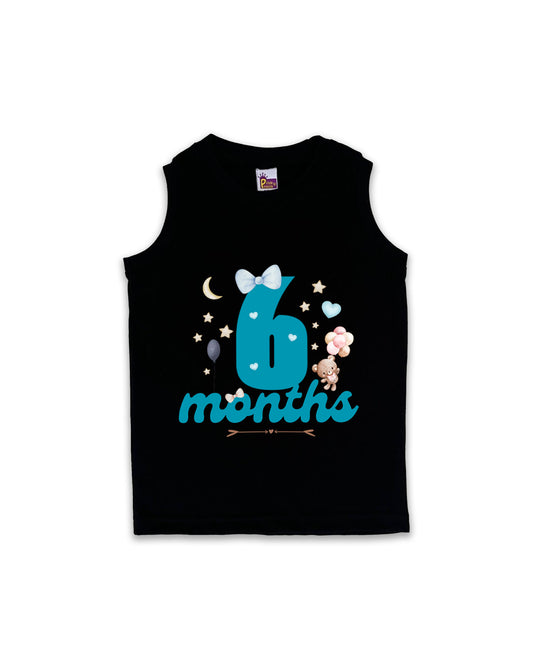 Newborn Sleeveless Black Vest - 6 Months Milestone Vest with Cute Teddy Bear & Balloons Design - Soft Cotton Baby Vest NPT123