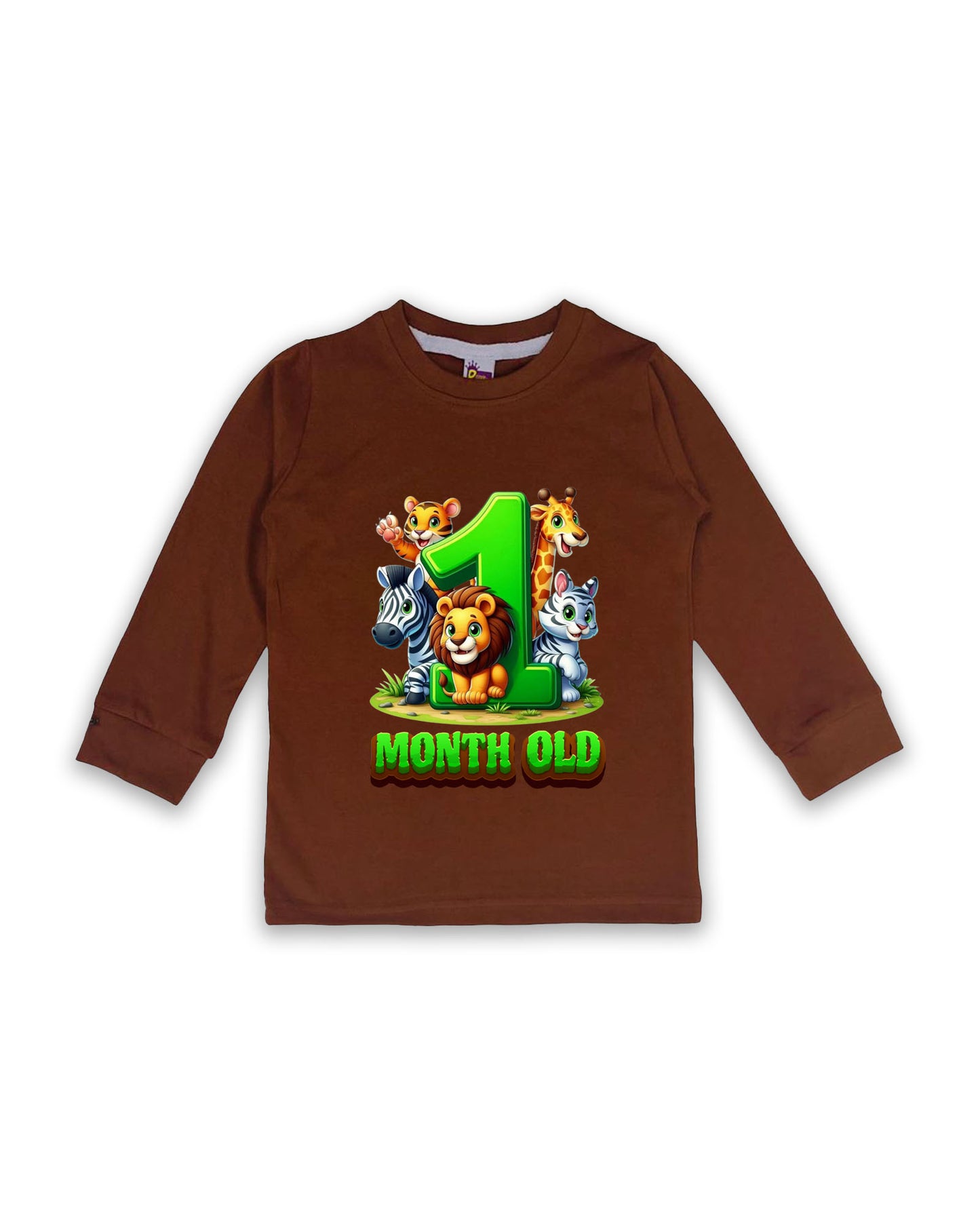 Newborn Chocolate Brown Full Sleeve "1 Month Old" Birthday Tees – Soft Cotton | Jungle Animal Print | Milestone Outfit NPT009