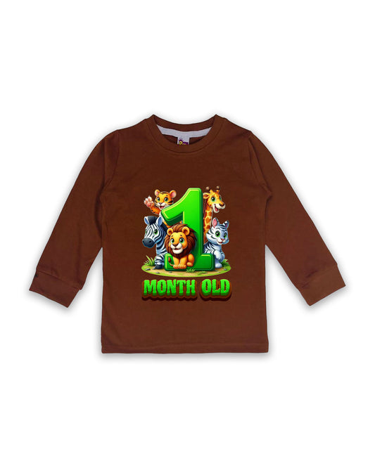 Newborn Chocolate Brown Full Sleeve "1 Month Old" Birthday Tees – Soft Cotton | Jungle Animal Print | Milestone Outfit NPT009