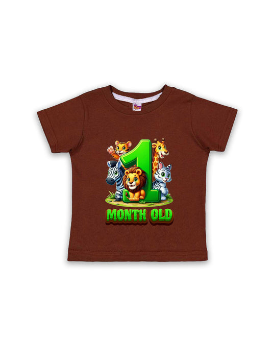 Newborn Chocolate Brown Tees "1 Month Old" – Soft Cotton | Jungle Animal Milestone Tees | Short Sleeve Monthly Outfit NPT035