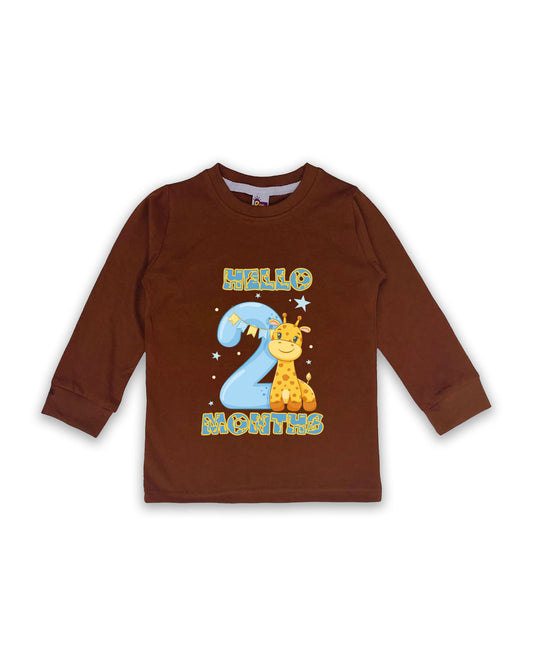Newborn Brown Full Sleeve "Hello 2 Months" Milestone T-Shirt – Soft Cotton | Cute Giraffe Design | Milestone Outfit NPT011