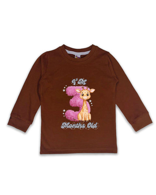 Newborn Brown Full Sleeve "I’m 3 Months Old" Milestone Tees – Soft Cotton | Pink 3 with Giraffe Print | Milestone Outfit NPT022