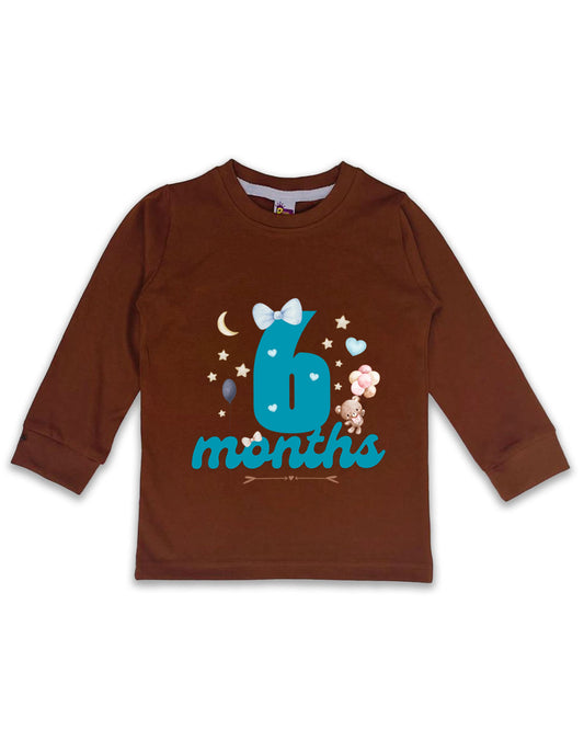 Newborn Full-Sleeve Chocolate Brown Tees - 6 Months Milestone Tees with Teddy Bear & Balloon Design - Soft Cotton Baby NPT0236