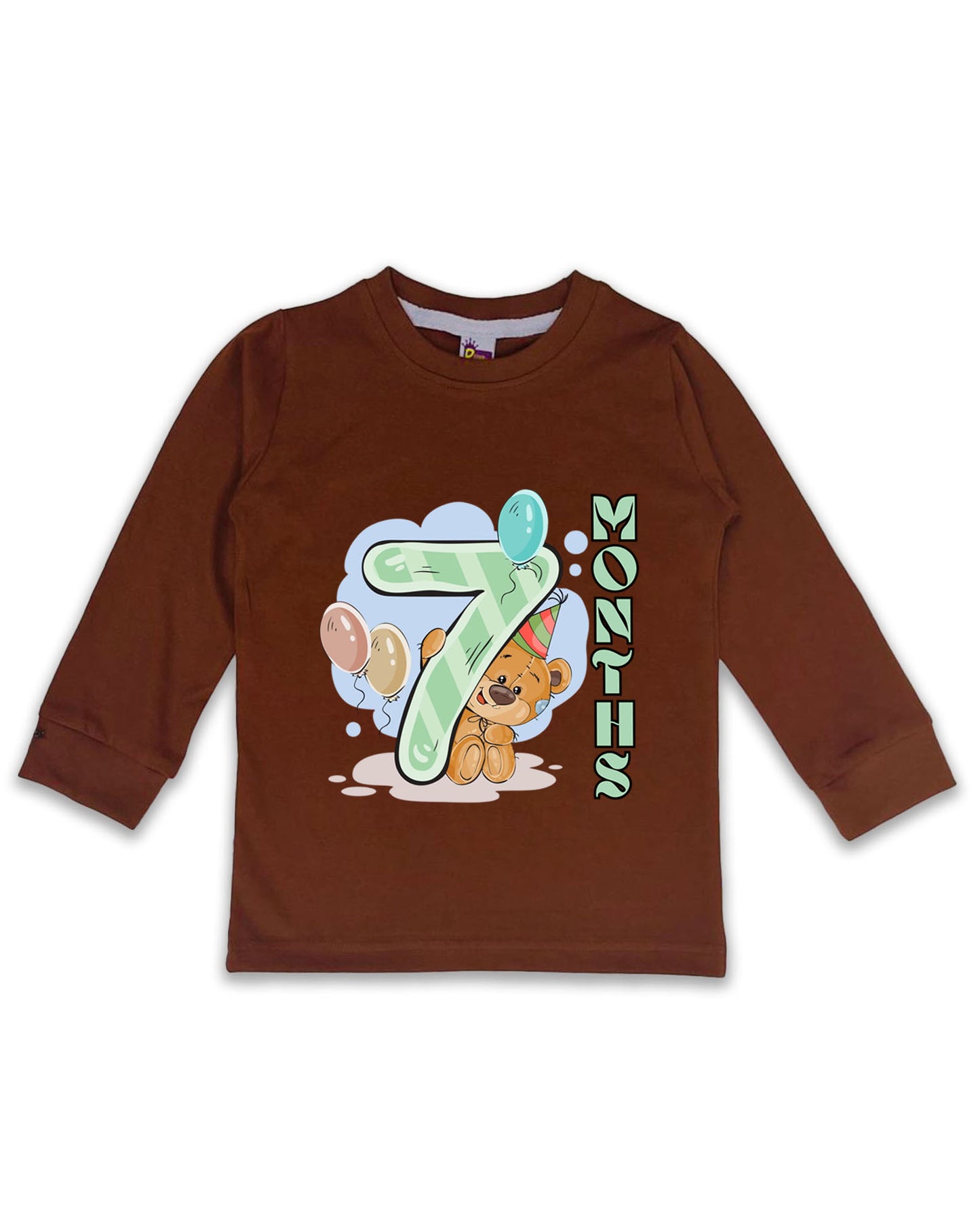 Newborn Full-Sleeve Chcolate Brown Tees - 7 Months Milestone Tees with Party Bear & Balloons Design - Soft Cotton Baby Tees NPT0247