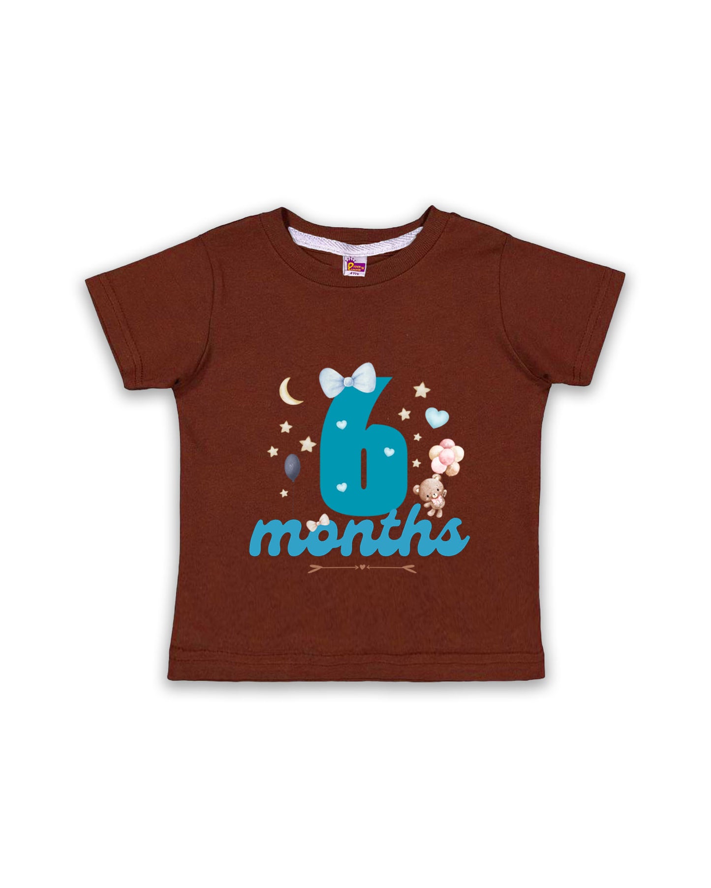 Newborn Half-Sleeve Chocolate Brown Tees - 6 Months Milestone Tees with Teddy Bear & Balloon Design - Soft Cotton Baby Tees NPT0172
