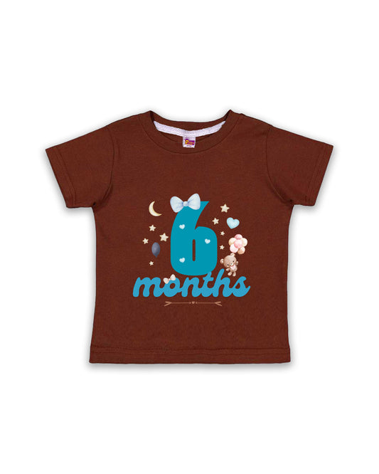 Newborn Half-Sleeve Chocolate Brown Tees - 6 Months Milestone Tees with Teddy Bear & Balloon Design - Soft Cotton Baby Tees NPT0172