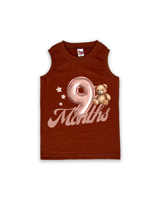 Newborn Sleeveless Choclate Brown vest - 9 Months Milestone vest with Teddy Bear & Balloon Number Design - Soft Cotton Baby Vest NPT142