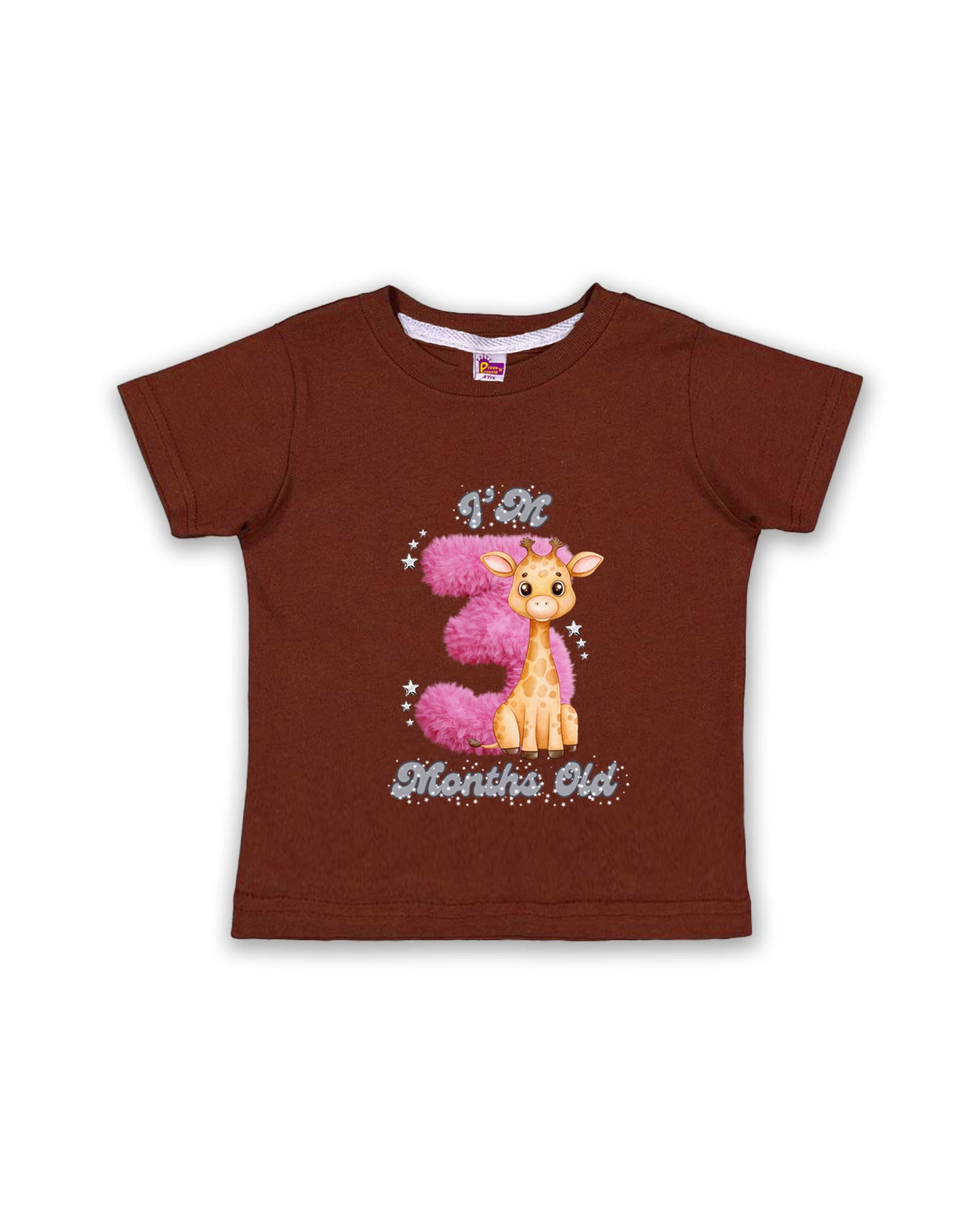 Newborn Chocolate Brown Tees "I’m 3 Months Old" – Soft Cotton | Pink 3 with Giraffe Print | Short Sleeve Milestone Outfit NPT061
