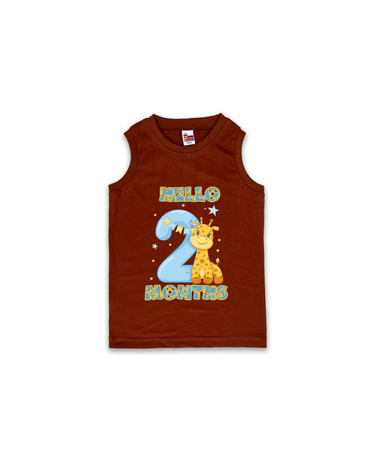 Newborn Chocolate Brown Sleeveless Vest "Hello 2 Months" – Soft Cotton | Giraffe Print Milestone Vest for Babies | NPT081