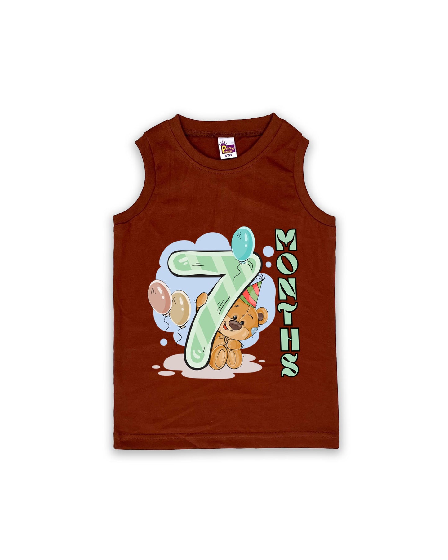 Newborn Sleeveless Chocolate Brown vest - 7 Months Milestone Vest with Cute Party Bear & Balloons Design - Soft Cotton Baby Vest NPT130