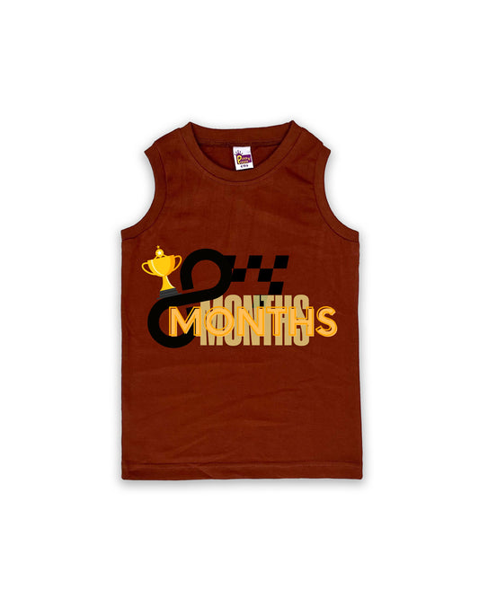 Newborn Sleeveless Brown Vest - 8 Months Milestone vest with Racing Trophy & Checkered Flag Design - Soft Cotton Baby Vest NPT136
