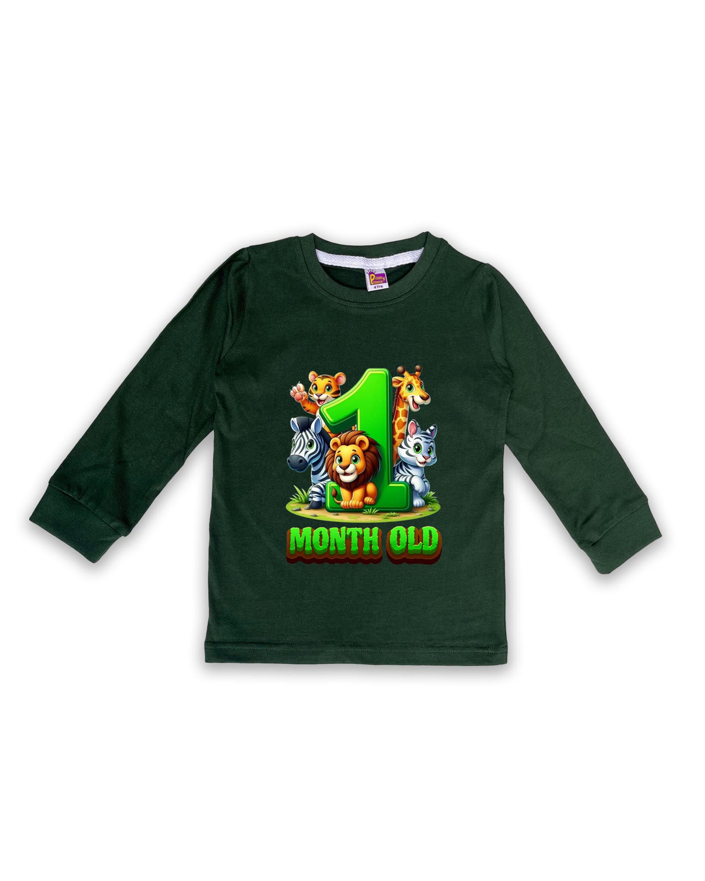 Newborn Dark Green Full Sleeve "1 Month Old" Birthday Tees – Soft Cotton | Jungle Animal Print | Milestone Outfit NPT008