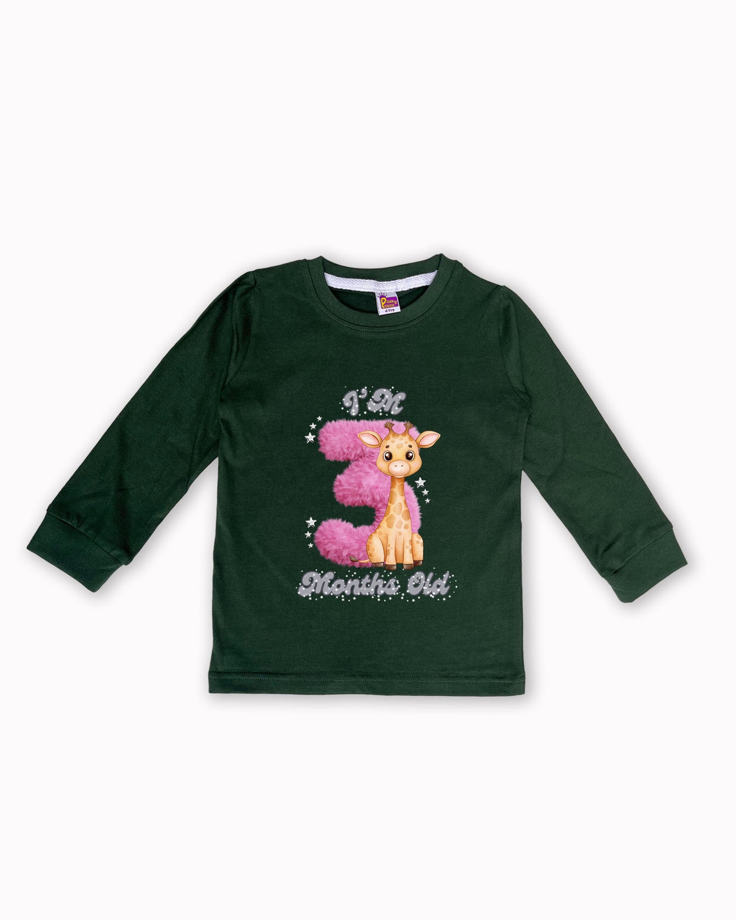Newborn Dark Green Full Sleeve "I’m 3 Months Old" Milestone Tees – Soft Cotton | Pink 3 with Giraffe Print | Milestone Outfit NPT024