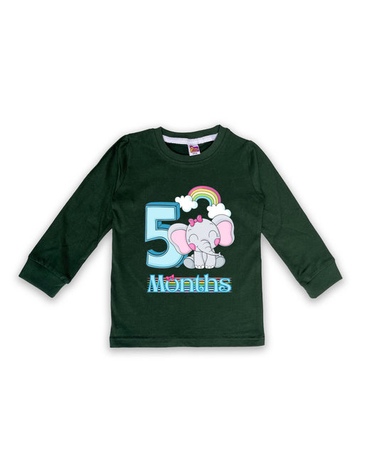 Newborn Full-Sleeve Dark Green Tees - 5 Months Milestone Tees with Adorable Elephant & Rainbow Design - Soft Cotton Baby Tees NPT0227