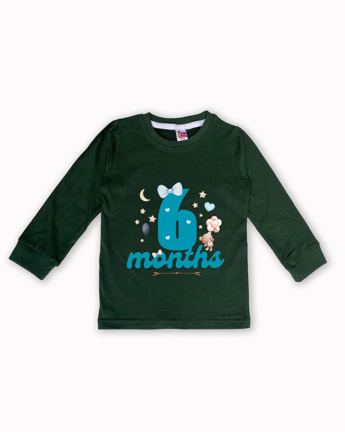 Newborn Full-Sleeve Dark Green Tees - 6 Months Milestone Tees with Teddy Bear & Balloon Design - Soft Cotton Baby NPT0237