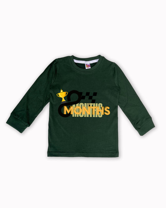 Newborn Full-Sleeve Dark Green Tees - 8 Months Milestone Tees with Racing Trophy & Checkered Flag Design - Soft Cotton Baby Tees NPT0258