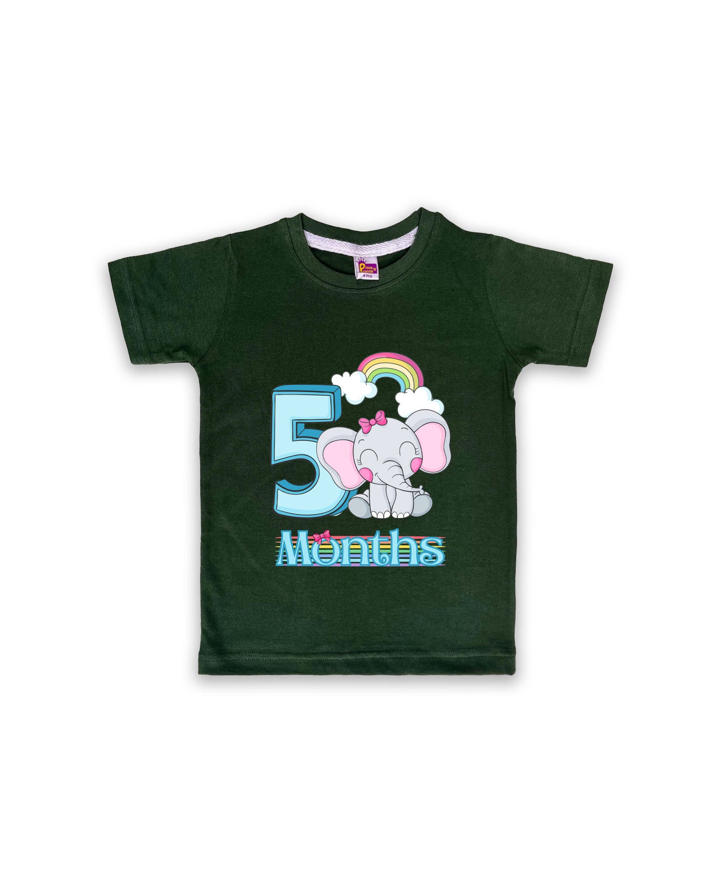 Newborn Half-Sleeve Dark Green Tees - 5 Months Milestone Tees with Adorable Elephant & Rainbow Design - Soft Cotton Baby tees NPT0163