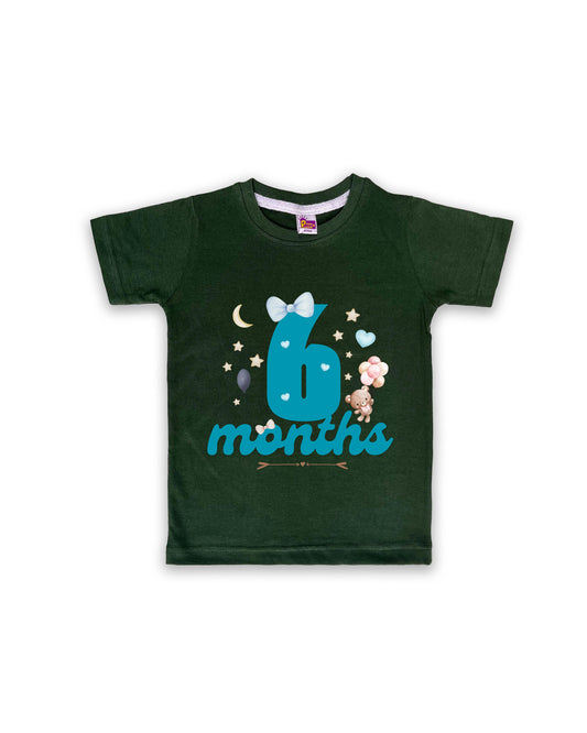 Newborn Half-Sleeve Dark Green Tees - 6 Months Milestone Tees with Teddy Bear & Balloon Design - Soft Cotton Baby Tees NPT0173