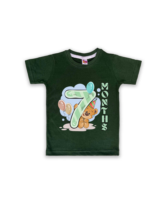 Newborn Half-Sleeve Dark Green Tees - 7 Months Milestone Tees with Party Bear & Balloons Design - Soft Cotton Baby Tees NPT0184