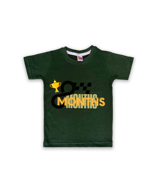 Newborn Half-Sleeve Dark Green Tees - 8 Months Milestone Tees with Racing Trophy & Checkered Flag Design - Soft Cotton Baby Tees NPT0194