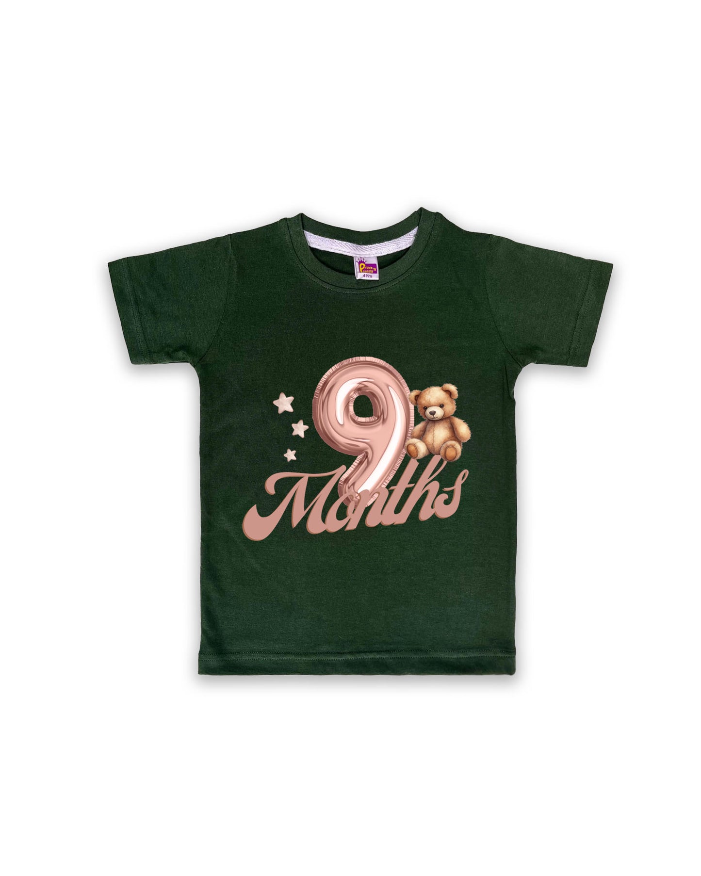 Newborn Half-Sleeve Dark Green Tees - 9 Months Milestone Tees with Balloon Number & Teddy Bear Design - Soft Cotton Baby Tees NPT0203