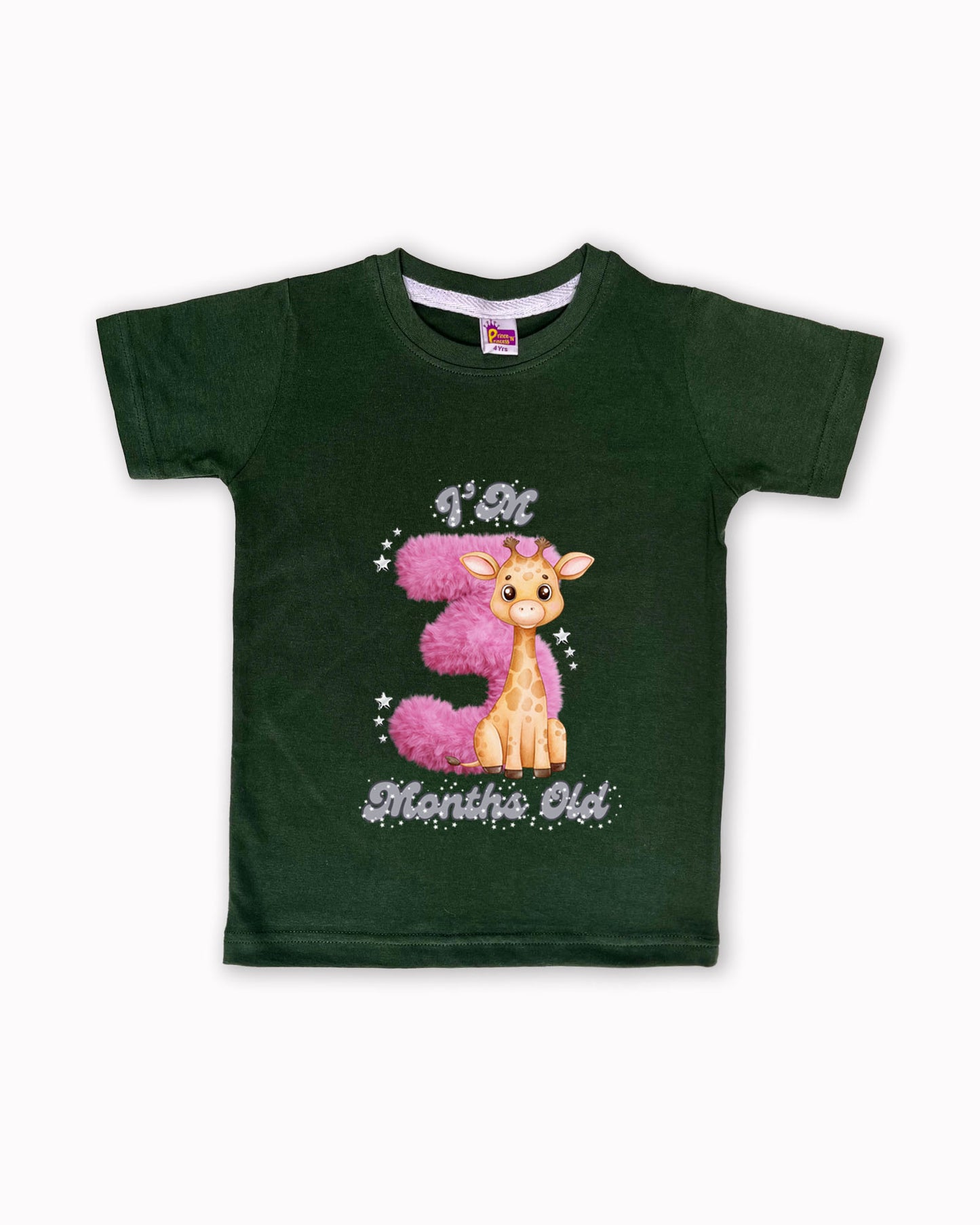 Newborn Dark Green Tees "I’m 3 Months Old" – Soft Cotton | Pink 3 with Giraffe Print | Short Sleeve Milestone Outfit NPT062