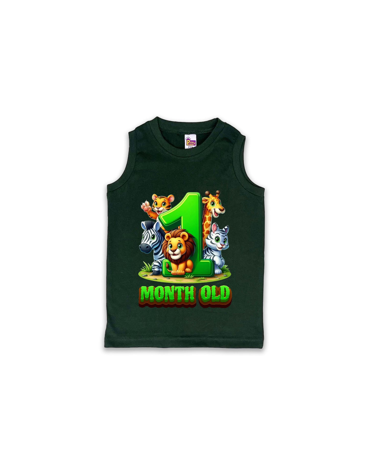 Newborn Dark Green Sleeveless Vest "1 Month Old" – Soft Cotton | Jungle Animal Milestone Vest for Newborns | NPT074
