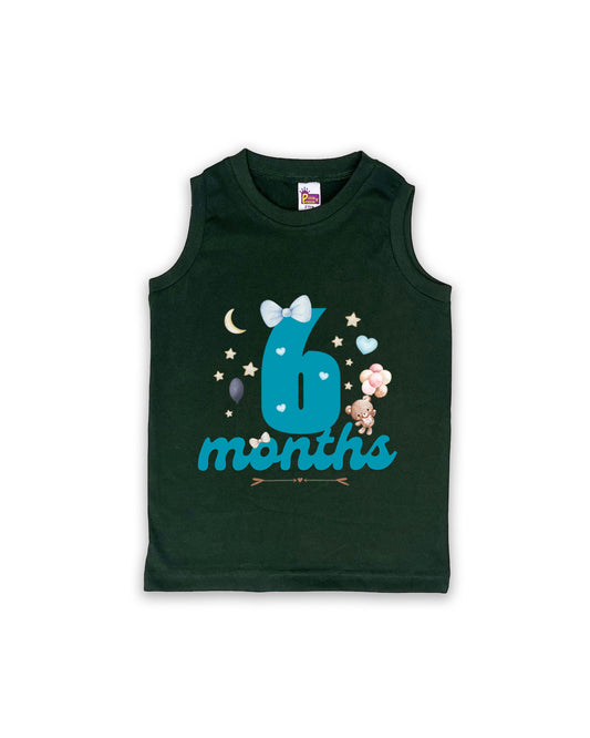 Newborn Sleeveless Dark Green Vest - 6 Months Milestone Vest with Cute Teddy Bear & Balloons Design - Soft Cotton Baby Vest NPT124