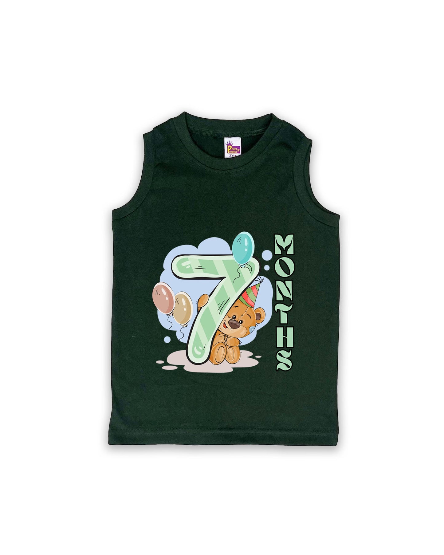 Newborn Sleeveless Dark Green vest - 7 Months Milestone Vest with Cute Party Bear & Balloons Design - Soft Cotton Baby Vest NPT131