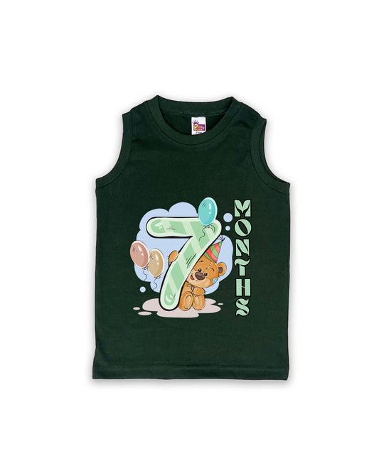 Newborn Sleeveless Dark Green vest - 7 Months Milestone Vest with Cute Party Bear & Balloons Design - Soft Cotton Baby Vest NPT131