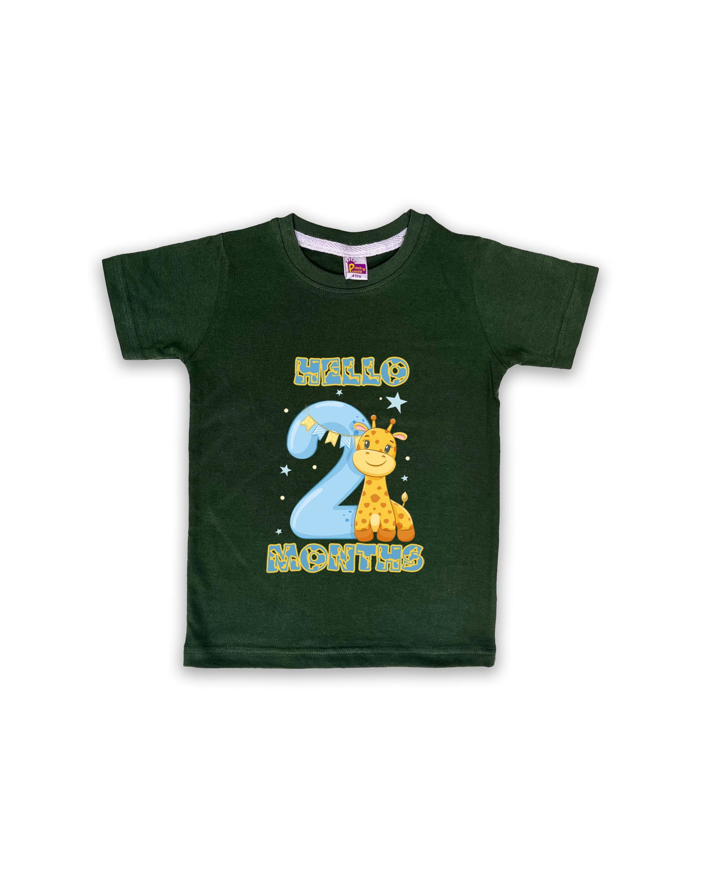 Newborn Dark Green Tees "Hello 2 Months" – Soft Cotton | Giraffe & Stars Milestone Outfit | Short Sleeve Baby Tees NPT049