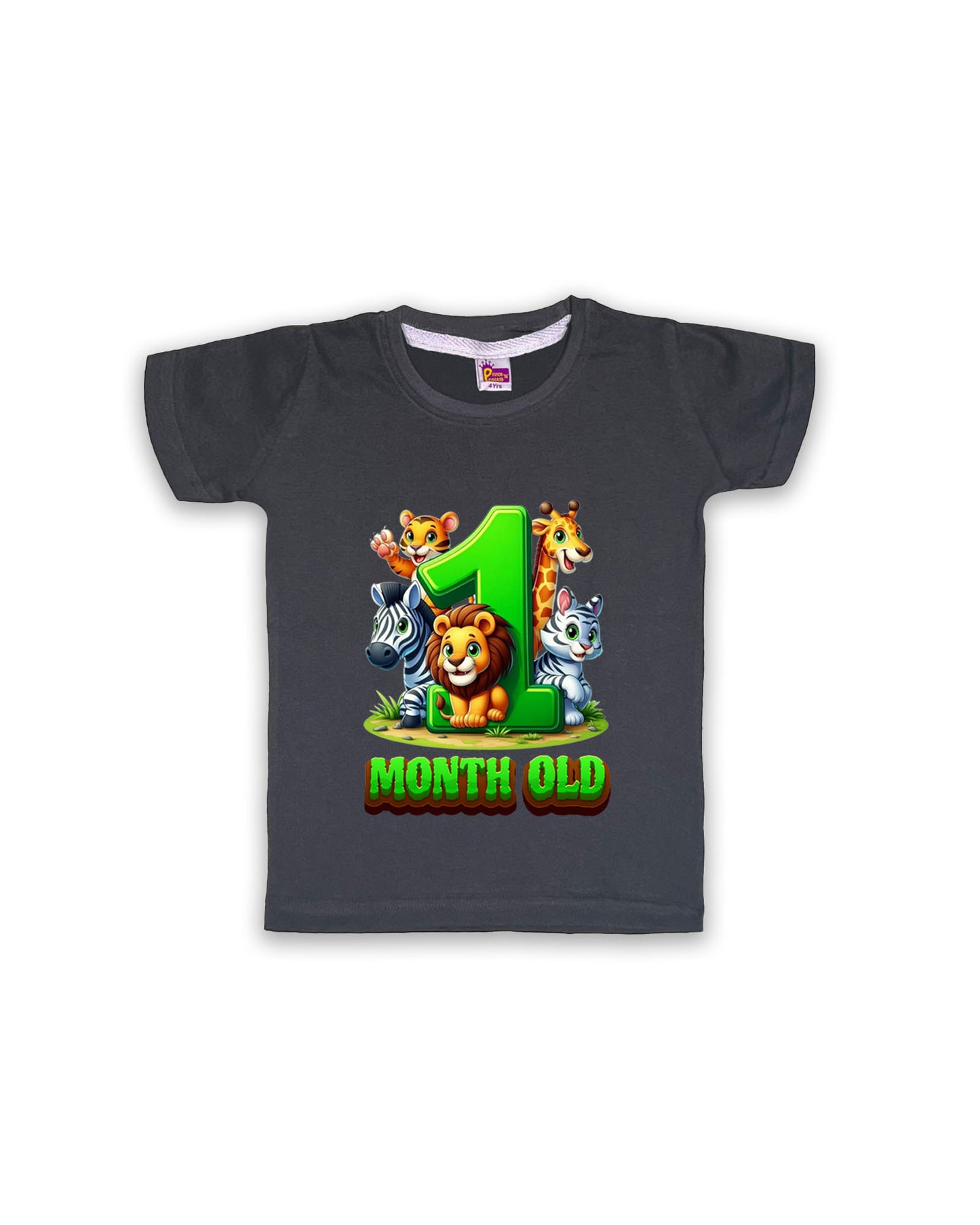 Newborn Dark Grey Tees "1 Month Old" – Soft Cotton | Jungle Animal Milestone Tees | Short Sleeve Monthly Outfit NPT037