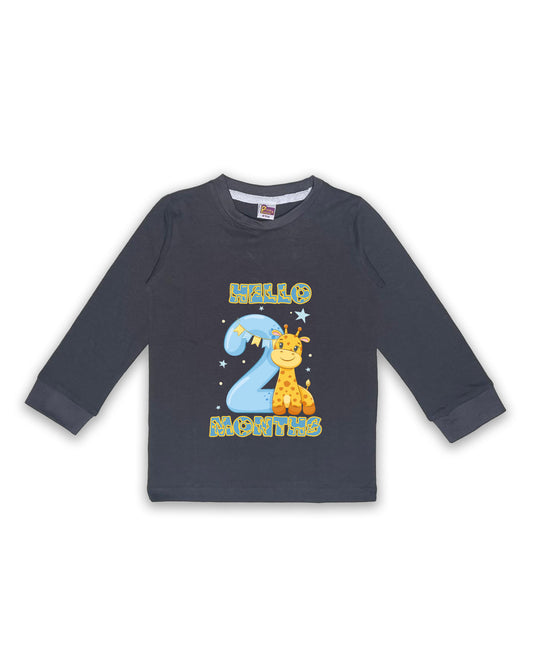 Newborn Dark Grey Full Sleeve "Hello 2 Months" Milestone Tees – Soft Cotton | Cute Giraffe Design | Milestone Outfit NPT014