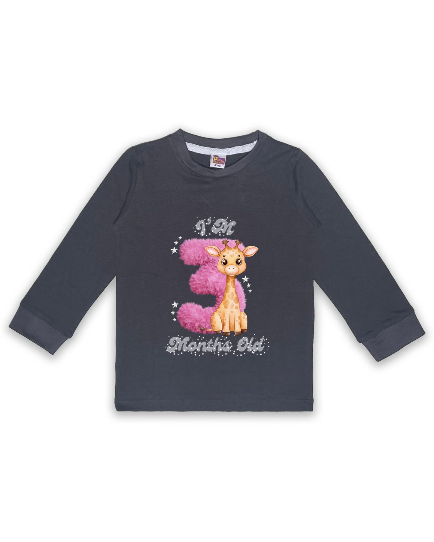 Newborn Dark Grey Full Sleeve "I’m 3 Months Old" Milestone Tees – Soft Cotton | Pink 3 with Giraffe Print | Milestone Outfit NPT025