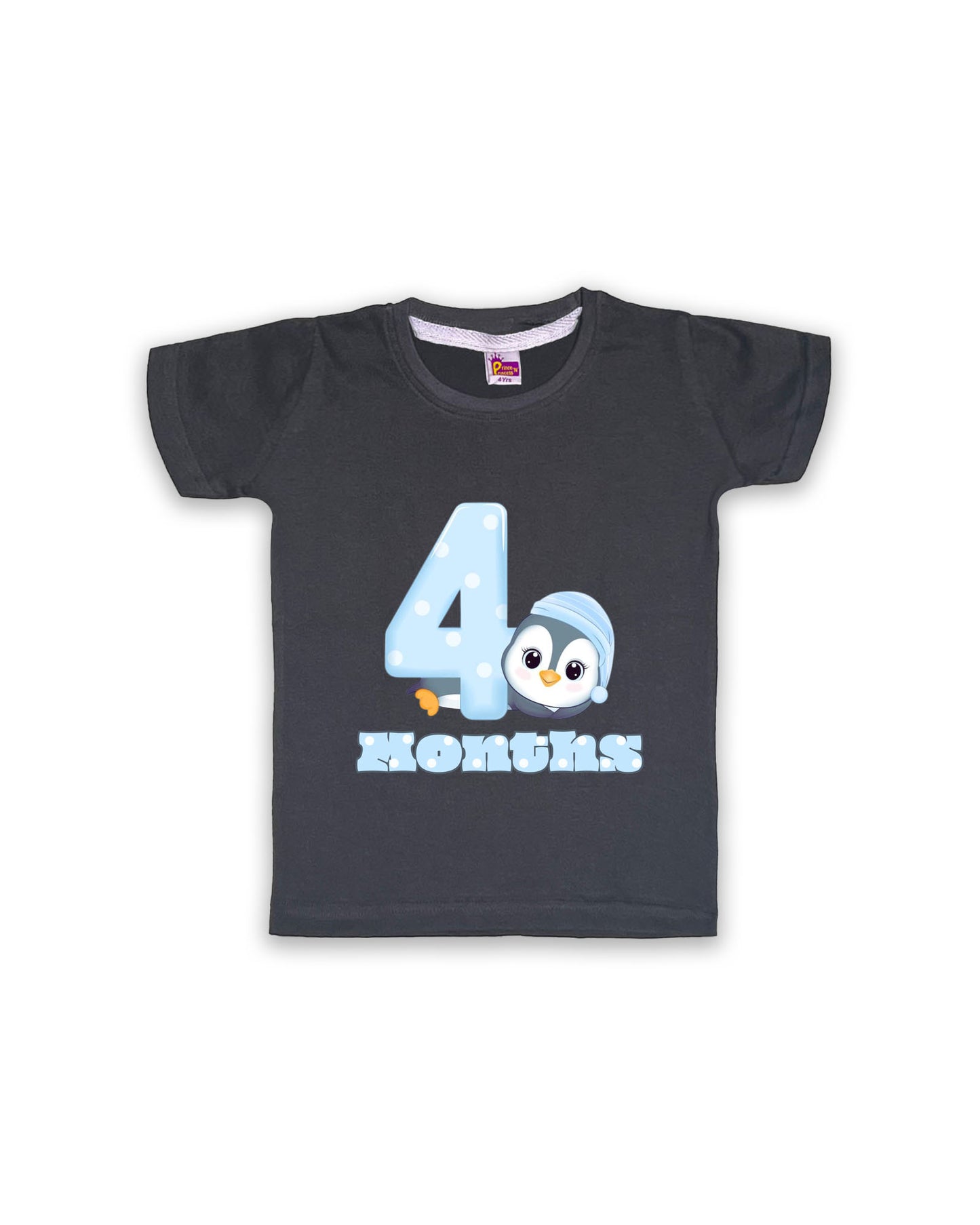 Newborn Half-Sleeve Dark Grey Tees - 4 Months Milestone Tees with Adorable Penguin Design - Soft Cotton Baby Vest NPT0152