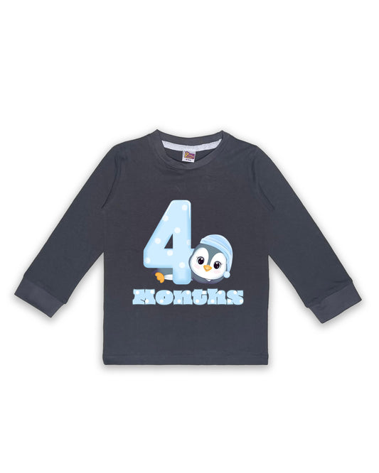 Newborn Full-Sleeve Dark Grey Tees - 4 Months Milestone Tees with Adorable Penguin Design - Soft Cotton Baby Tees NPT0216